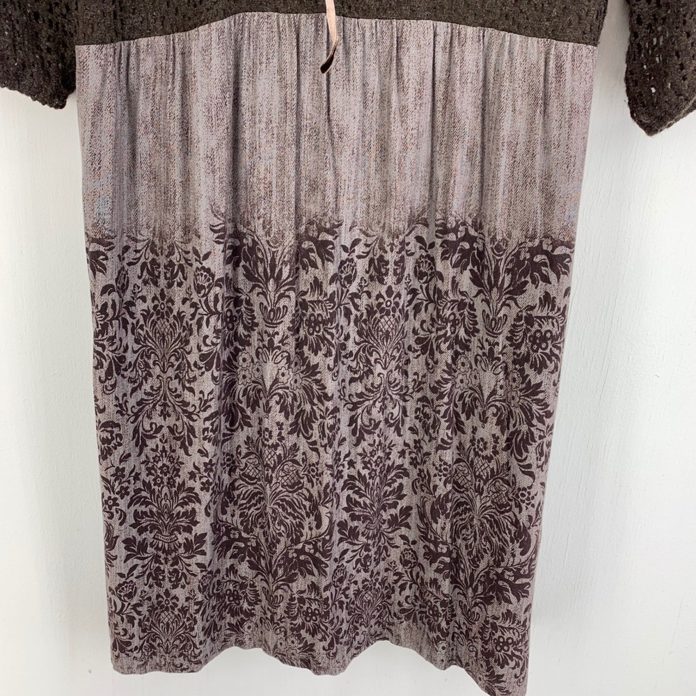 Venus Boho Mixed Media Lace Up Dress Brown Damask Crochet Sleeve Whimsigoth - Picture 2 of 9